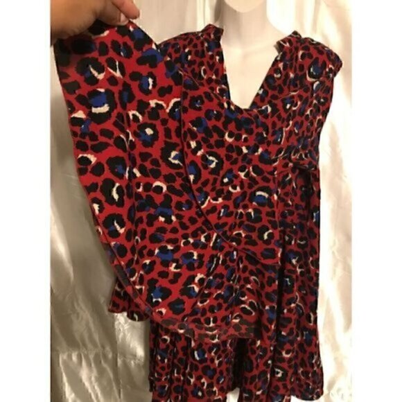 Red Leopard 70s V Neck  Tier  Hippie Bell Sleeve Bohemian Mini Dress M - Picture 6 of 14